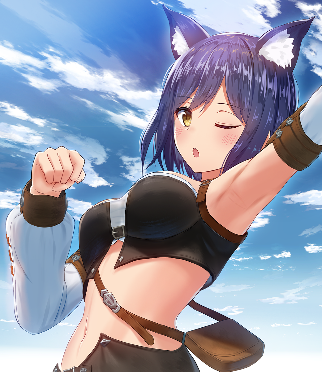 1girl, :o, animal_ears, arm_up, armpits, bag, bangs, blue_hair, blue_sky, blush, breasts, brown_eyes, cat_ears, clouds, commentary_request, cosplay, crop_top, day, detached_sleeves, eyebrows_visible_through_hair, final_fantasy, final_fantasy_xiv, hair_between_eyes, highres, long_sleeves, looking_at_viewer, medium_breasts, mikomiko_(mikomikosu), miqo'te, miqo'te_(cosplay), nijisanji, outdoors, outstretched_arm, parted_lips, puffy_long_sleeves, puffy_sleeves, shizuka_rin, short_hair, shoulder_bag, sky, solo, upper_teeth, virtual_youtuber