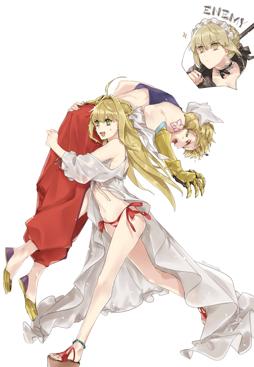 1boy, 2girls, 88_(einnimnech), absurdres, ahoge, arabian_clothes, artoria_pendragon_(all), bikini