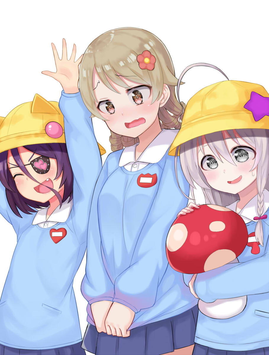 3girls, :d, ahoge, animal_hat, arms_up, atg_(wttoo0202), bangs, blue_shirt, blue_skirt, bow, braid, brown_eyes, collared_shirt, commentary_request, dress_shirt, eyebrows_visible_through_hair, eyepatch, fang, flower, grey_eyes, hair_between_eyes, hair_bow, hair_flower, hair_ornament, hair_through_headwear, hat, hayasaka_mirei, highres, hoshi_shouko, idolmaster, idolmaster_cinderella_girls, individuals, kindergarten_uniform, light_brown_hair, long_hair, long_sleeves, morikubo_nono, multiple_girls, object_hug, open_mouth, pleated_skirt, purple_bow, purple_hair, red_flower, school_hat, shirt, shirt_tug, silver_hair, simple_background, skirt, smile, star, stuffed_mushroom, stuffed_toy, sweatdrop, white_background, white_shirt, yellow_hat