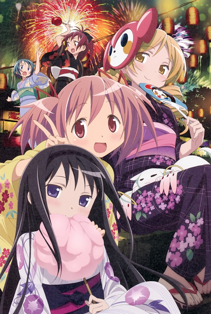 5girls, :d, absurdres, akemi_homura, black_bow, black_hair, black_hairband, blonde_hair