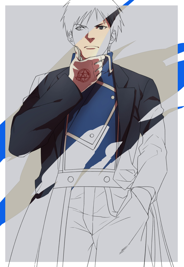 1boy, amestris_military_uniform, black_coat, black_eyes, black_hair, border, coat, commentary