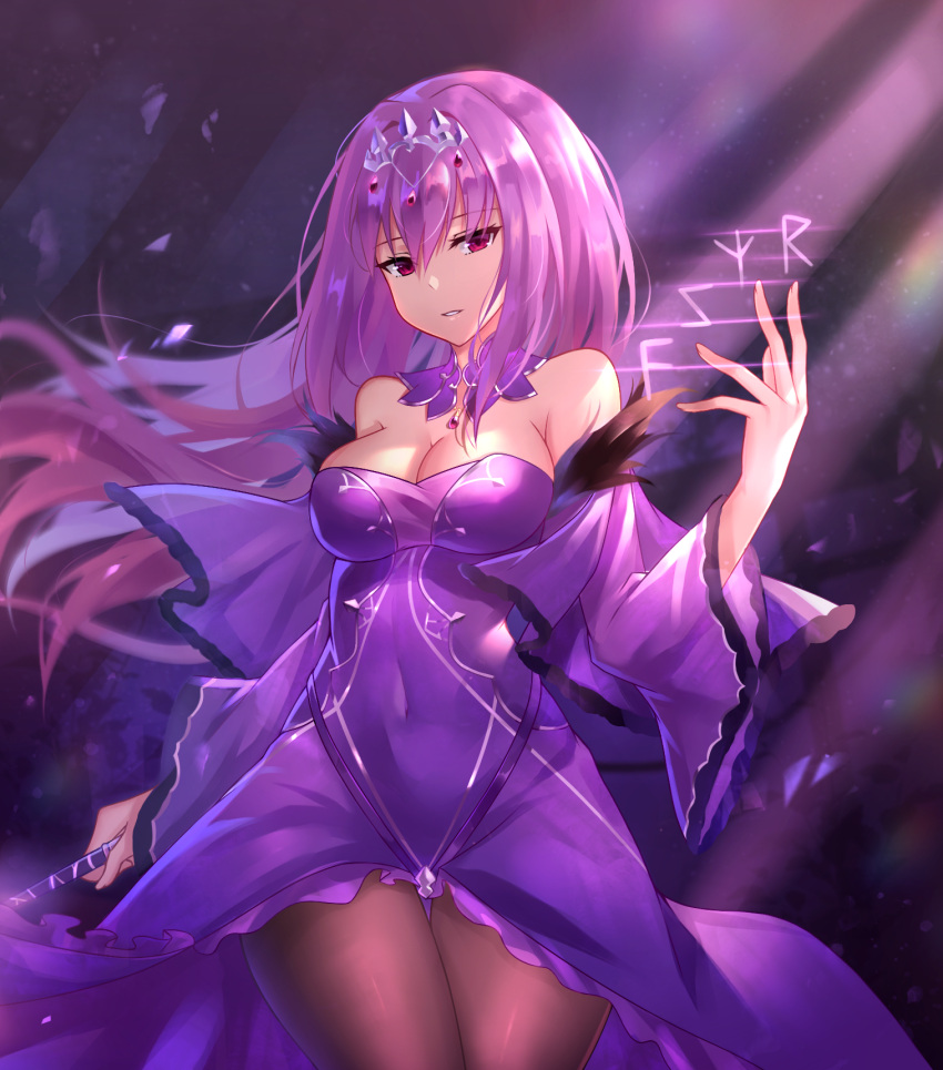 1girl, bare_shoulders, black_fire_(peter02713), black_legwear, bow, breasts, caster_(lostbelt), cleavage
