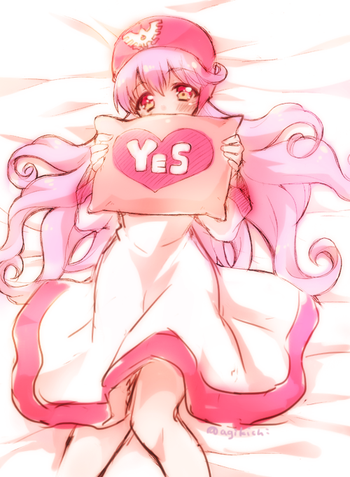 1girl, bed, blush, curly_hair, dragon_quest, dragon_quest_ii, dress, hat