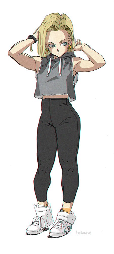 1girl, android_18, armpits, arms_up, bare_arms, black_legwear, blonde_hair, blue_eyes