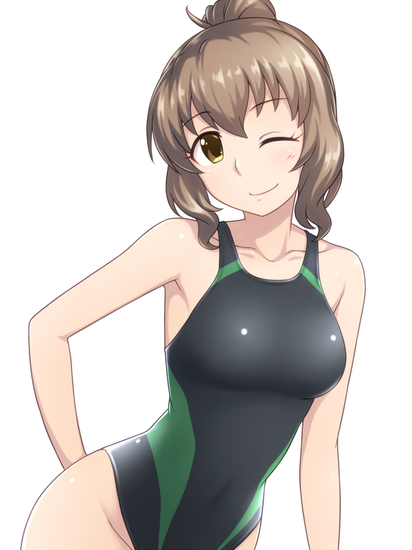 1girl, black_swimsuit, brown_eyes, brown_hair, character_request, collarbone, competition_swimsuit, cowboy_shot