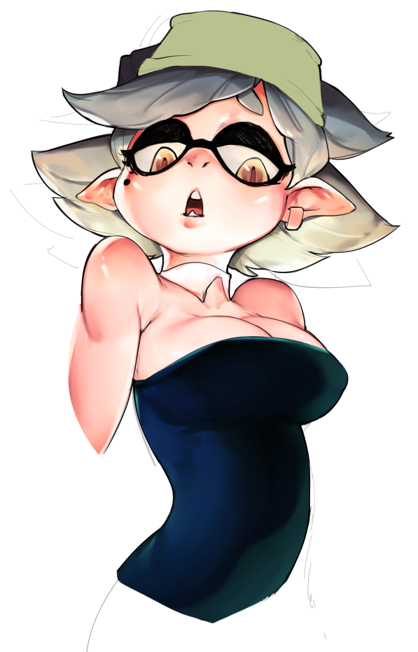 1girl, aori_(splatoon), bare_shoulders, breasts, cleavage, detached_collar, domino_mask, earrings