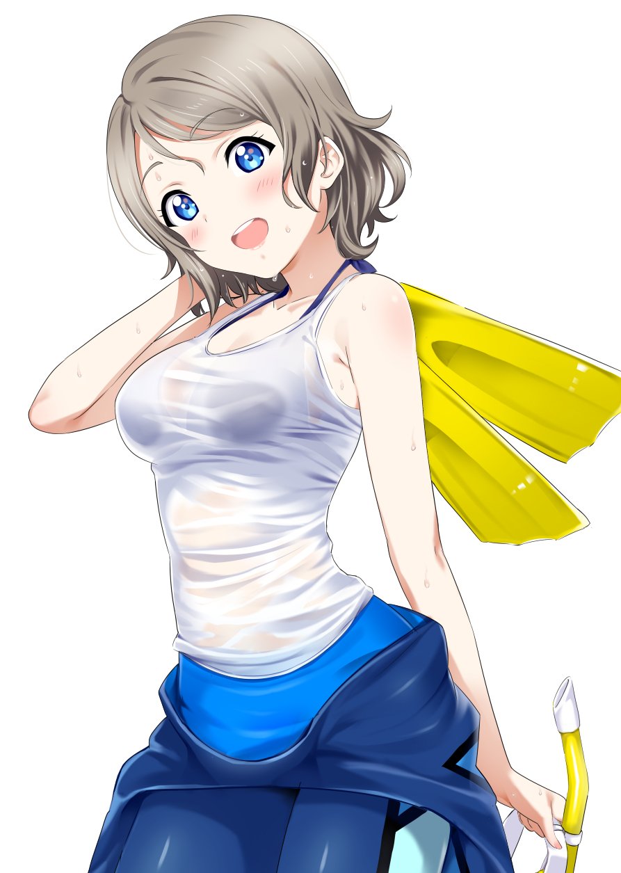1girl, :d, =d, bangs, bikini, bikini_top, bikini_under_clothes, blue_bikini_top