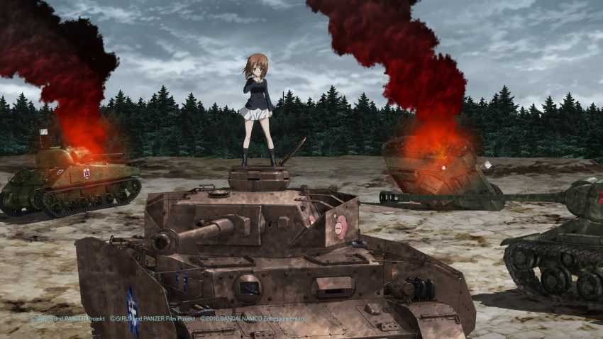 1girl, absurdres, brown_eyes, brown_hair, clouds, cloudy_sky, emblem, fire