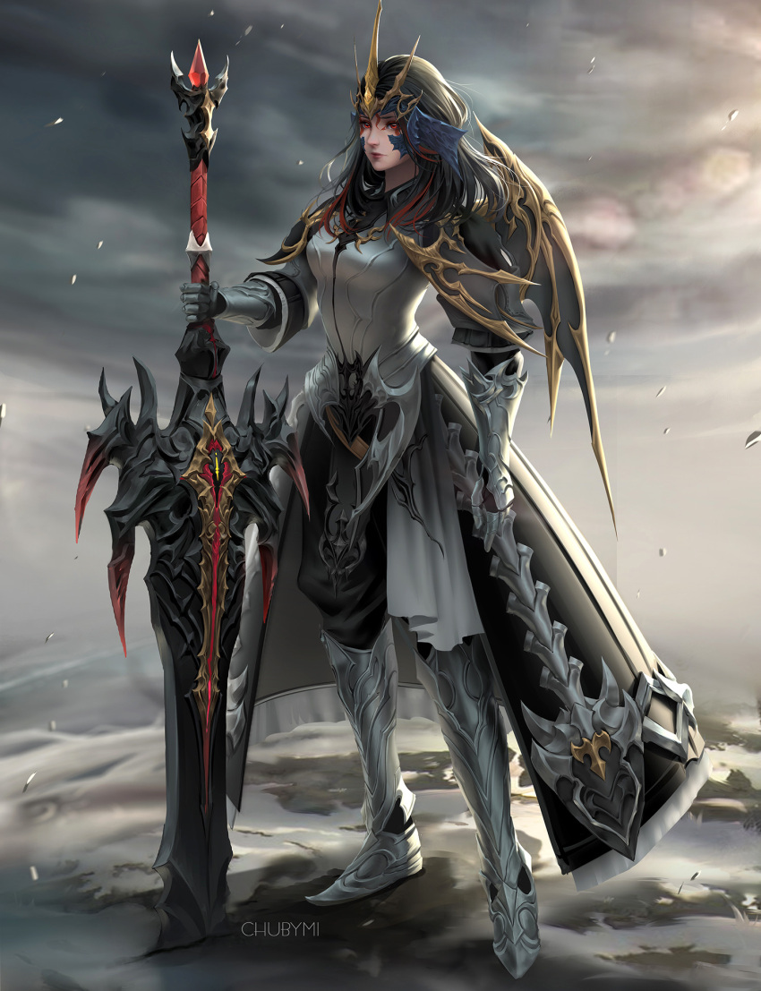 1girl, armor, armored_dress, artist_name, au_ra, black_hair, breasts, chuby_mi