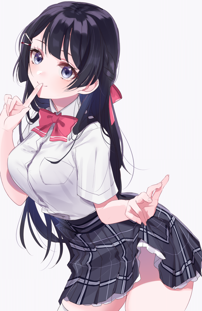 1girl, bangs, black_hair, blue_eyes, blush, bow, breast_pocket, breasts