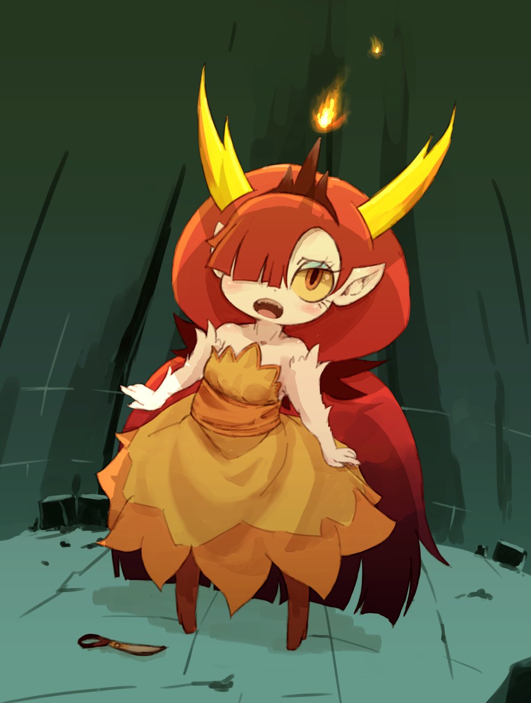 1girl, bangs, bare_arms, bare_shoulders, blunt_bangs, blush, brown_footwear, demon_girl