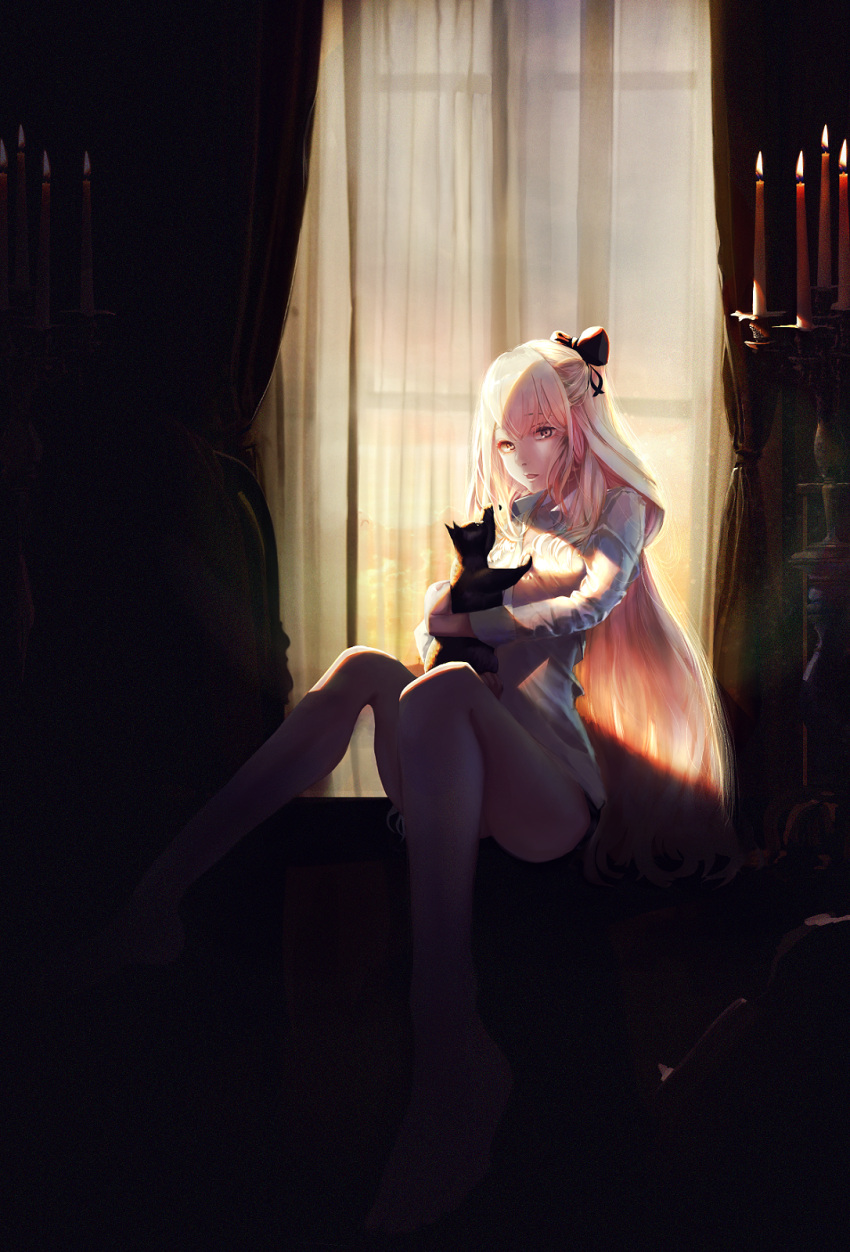 1girl, backlighting, bangs, bare_legs, barefoot, black_cat, bow, candle