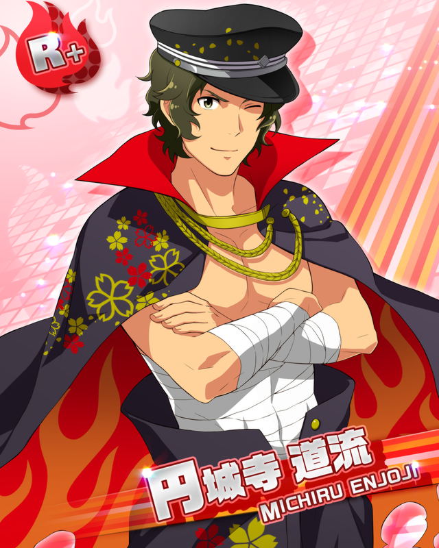 brown_eyes, brown_hair, cape, character_name, enjoji_michiru, hat, idolmaster, idolmaster_side-m
