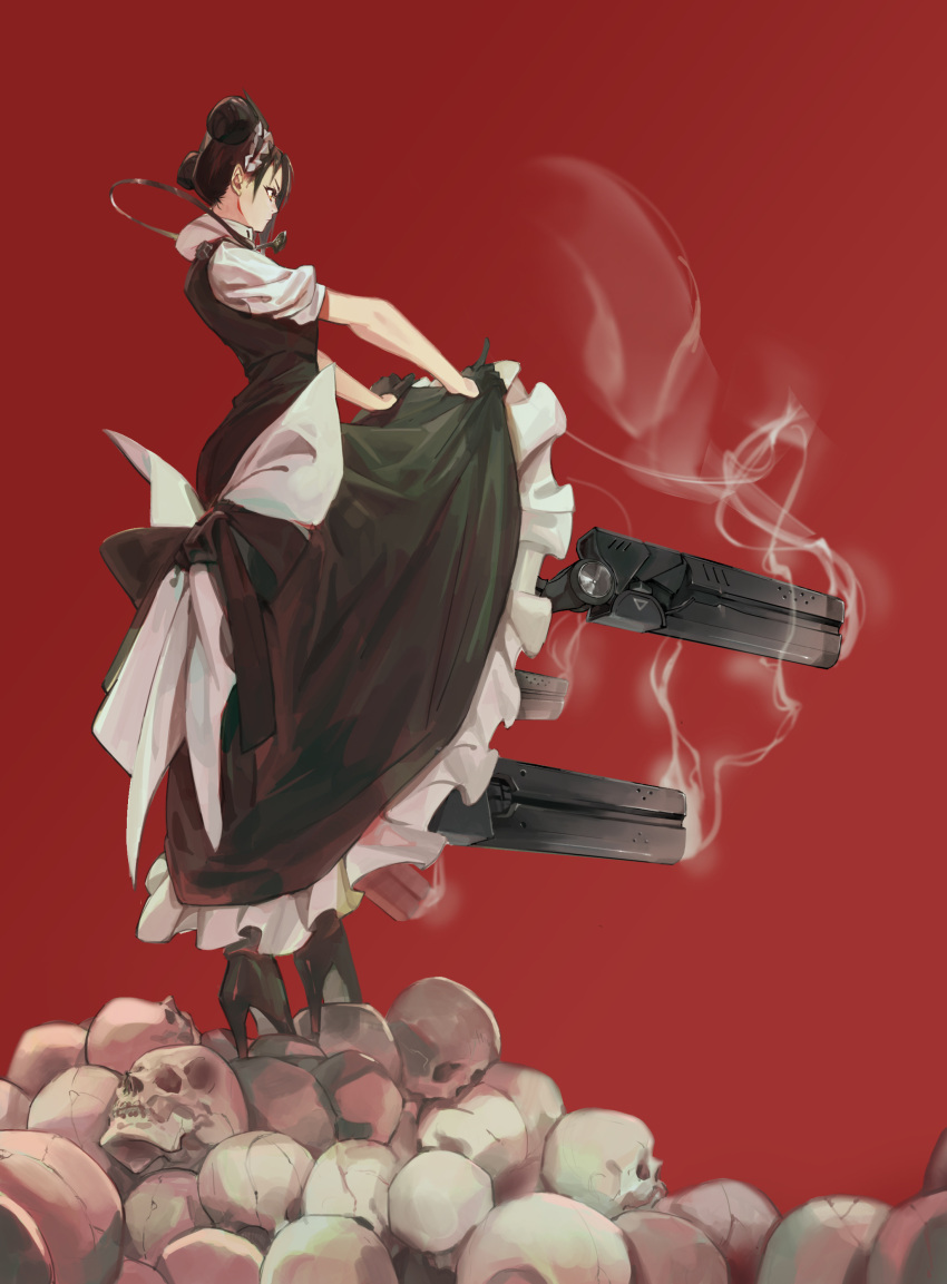 1girl, absurdres, agent_(girls_frontline), black_footwear, black_gloves, black_hair, black_legwear, boots, closed_mouth, double_bun, dress, dress_lift, frills, from_side, garter_straps, girls_frontline, gloves, gun, hair_between_eyes, headgear, high_heel_boots, high_heels, highres, long_hair, looking_afar, maid, maid_headdress, nazgul_(5511474), red_background, sangvis_ferri, simple_background, skull_pile, smoke_trail, solo, standing, thigh-highs, weapon