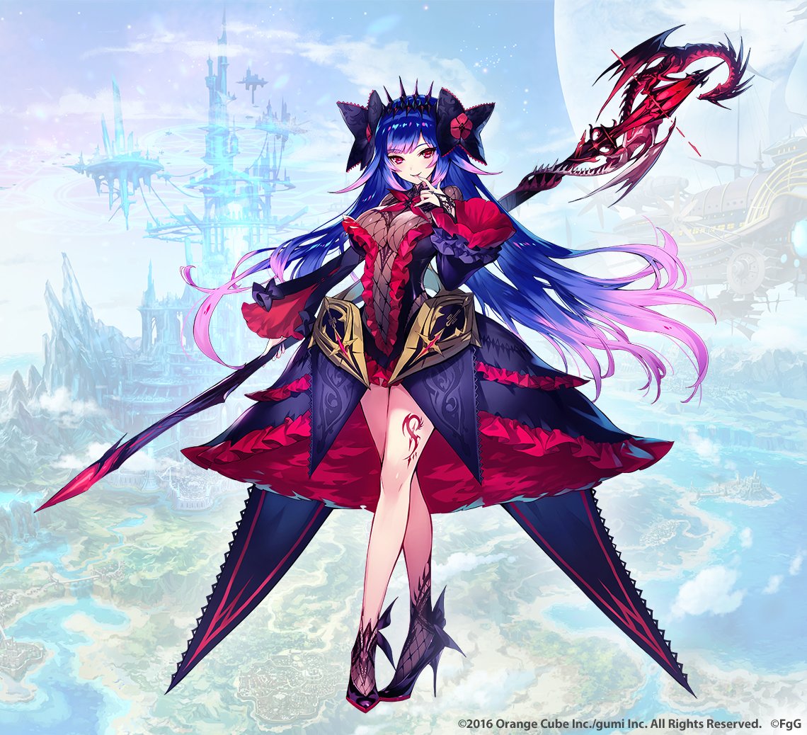 1girl, ankle_socks, blue_hair, bodysuit, bow, breasts, company_name, crown, crystal_of_re:union, dare_ga_tame_no_alchemist, dragon_tattoo, dress, eyebrows_visible_through_hair, finger_to_mouth, fishnet_bodysuit, fishnet_legwear, fishnets, frilled_dress, frilled_sleeves, frills, gradient_hair, hair_blowing, high_heels, large_bow, large_breasts, leg_tattoo, merlinus_(crystal_of_re:union), multicolored_hair, official_art, phantom_of_the_kill, pink_hair, red_eyes, revealing_clothes, staff, stiletto_heels, tattoo