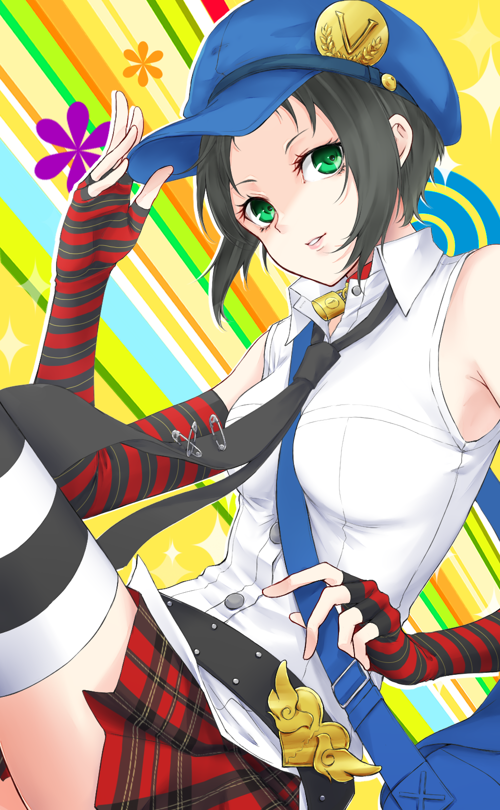 1girl, aoyashio_rin, black_hair, black_neckwear, blue_hat, dress_shirt, elbow_gloves, fingerless_gloves