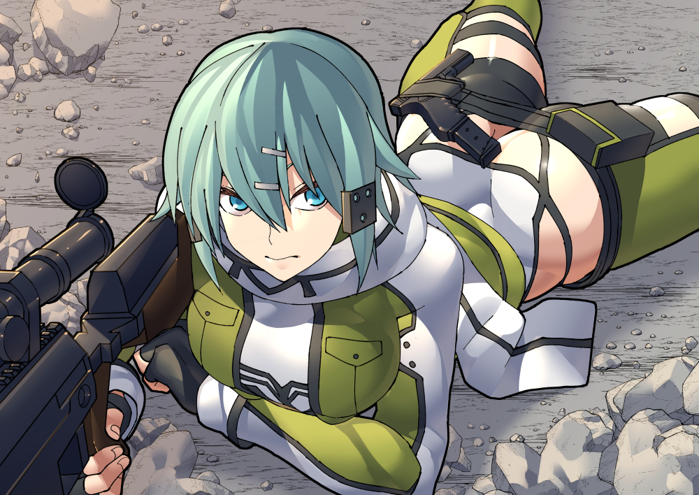 1girl, alternate_breast_size, anti-materiel_rifle, aqua_hair, ass, black_gloves, blue_eyes, blue_hair