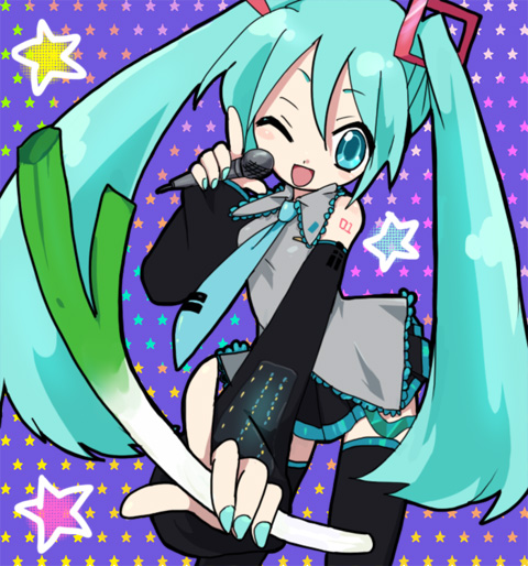 blue_eyes, blue_hair, detached_sleeves, hatsune_miku, kyun_(kana1), long_hair, microphone, nail_polish