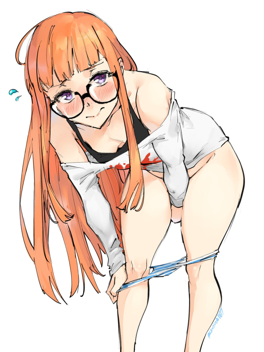 1girl, ahoge, bangs, bent_over, black-framed_eyewear, blue_panties, blunt_bangs, blush