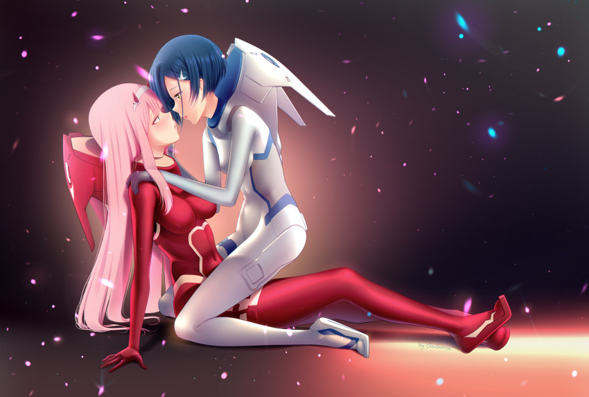 2girls, absurdres, aqua_eyes, arm_support, bangs, blue_hair, bodysuit, breasts