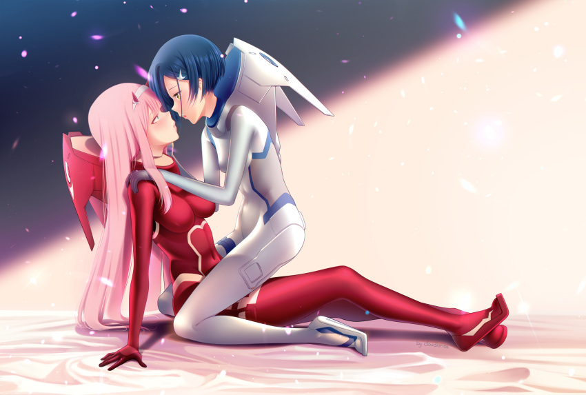 2girls, absurdres, aqua_eyes, arm_support, bangs, bed_sheet, blue_hair, bodysuit