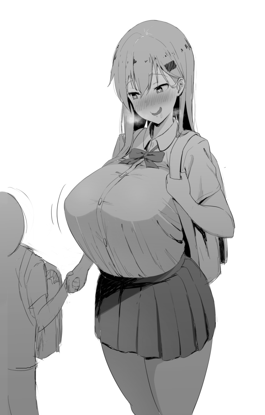 1girl, :d, alternate_breast_size, backpack, bag, blush, bow, bowtie