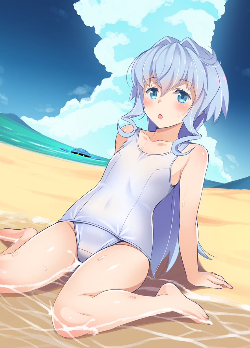 1girl, :o, arm_support, bare_shoulders, beach, blue_eyes, blue_hair, blush