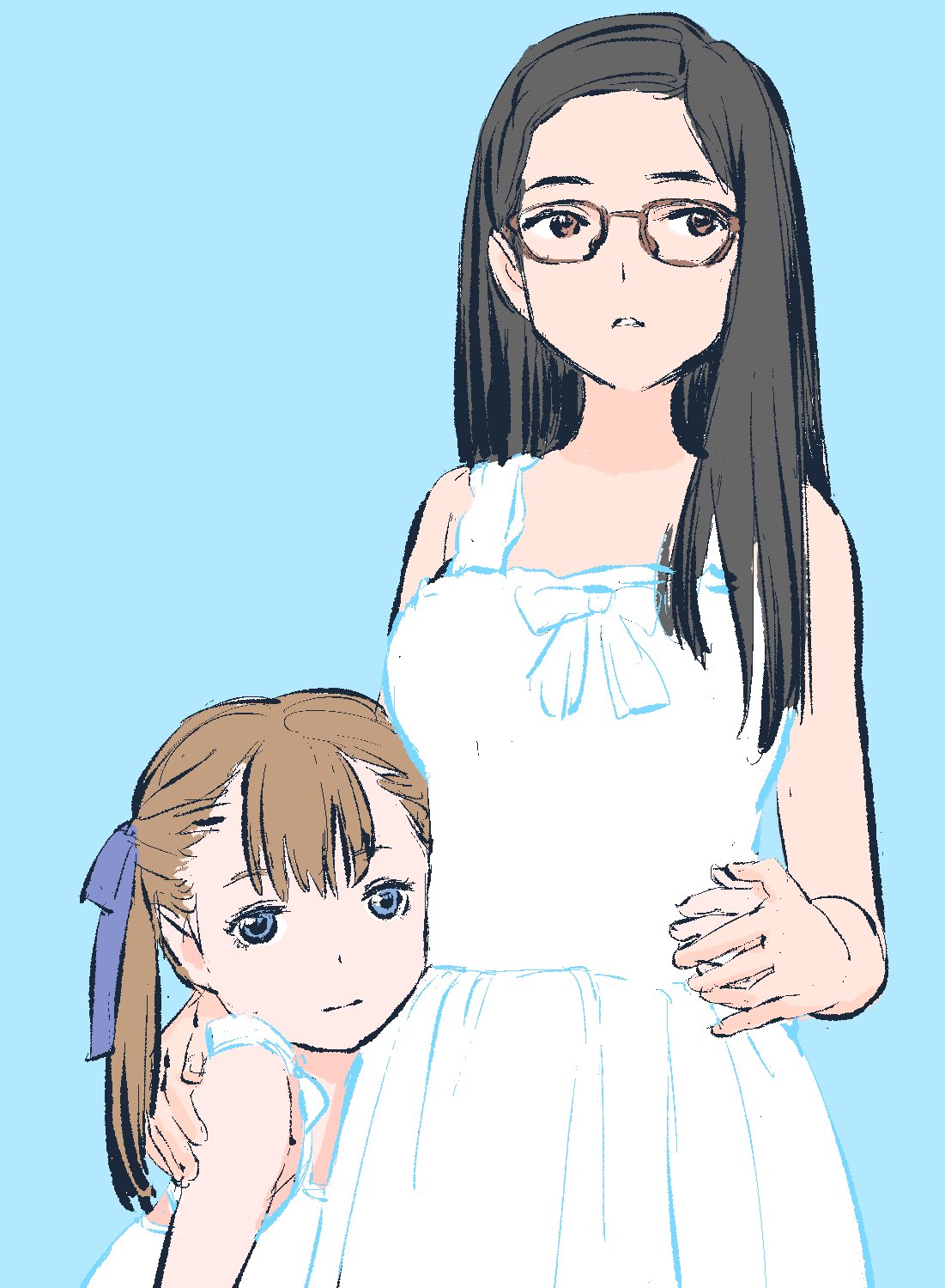 2girls, bare_arms, bare_shoulders, black_hair, blue_background, blue_eyes, blue_ribbon, brown-framed_eyewear