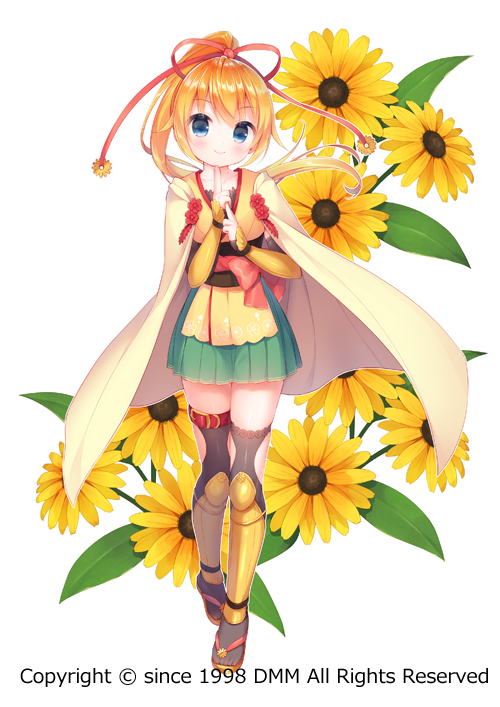 1girl, bangs, beige_cape, black_legwear, blue_eyes, blush, cape, closed_mouth, commentary_request, eyebrows_visible_through_hair, flower, flower_knight_girl, full_body, green_skirt, hair_ribbon, head_tilt, high_ponytail, japanese_clothes, kimono, kuji-in, long_hair, looking_at_viewer, ninja, obi, object_namesake, official_art, orange_hair, pleated_skirt, ponytail, red_ribbon, ribbon, rudbeckia, rudbeckia_(flower_knight_girl), sash, short_kimono, simple_background, skirt, smile, solo, standing, thigh-highs, usashiro_mani, very_long_hair, white_background, yellow_flower, yellow_kimono, zouri