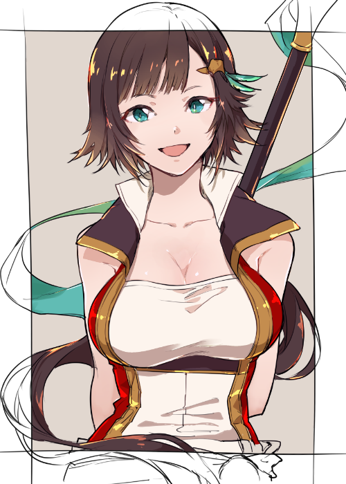 1girl, arms_behind_back, blue_eyes, brown_hair, dress, granblue_fantasy, leona_(granblue_fantasy), low_ponytail, polearm, sleeveless, sleeveless_dress, smile, spear, weapon, white_border