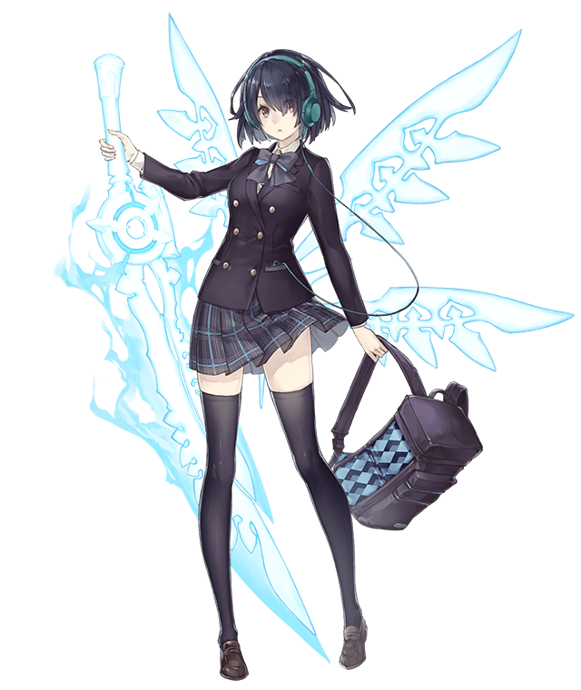 1girl, alice_(sinoalice), backpack, bag, black_hair, brown_eyes, contemporary, energy_sword, energy_wings, eyebrows_visible_through_hair, eyes_visible_through_hair, full_body, headphones, holding_backpack, jino, official_art, ribbon, school_uniform, short_hair, sinoalice, skirt, solo, sword, thigh-highs, transparent_background, weapon, zettai_ryouiki