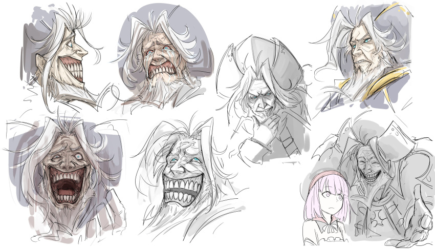 1boy, 1girl, absurdres, beard, biting, bloodshot_eyes, blue_eyes, christopher_columbus_(fate/grand_order)