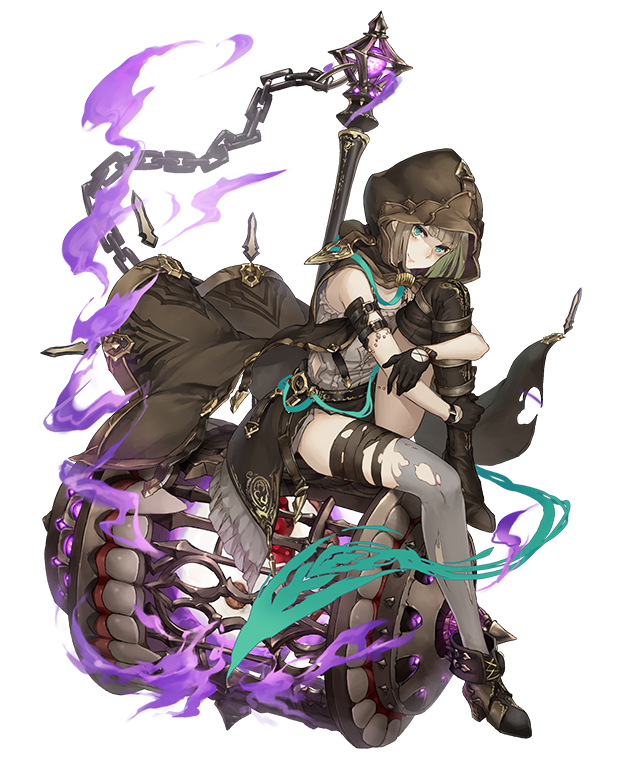1girl, aqua_eyes, asymmetrical_legwear, brown_hair, chains, full_body, gretel_(sinoalice), hammer, hansel_(sinoalice), hood, huge_weapon, jino, leg_hug, long_coat, looking_at_viewer, official_art, sinoalice, sitting, solo, thigh-highs, torn_clothes, torn_thighhighs, transparent_background, weapon