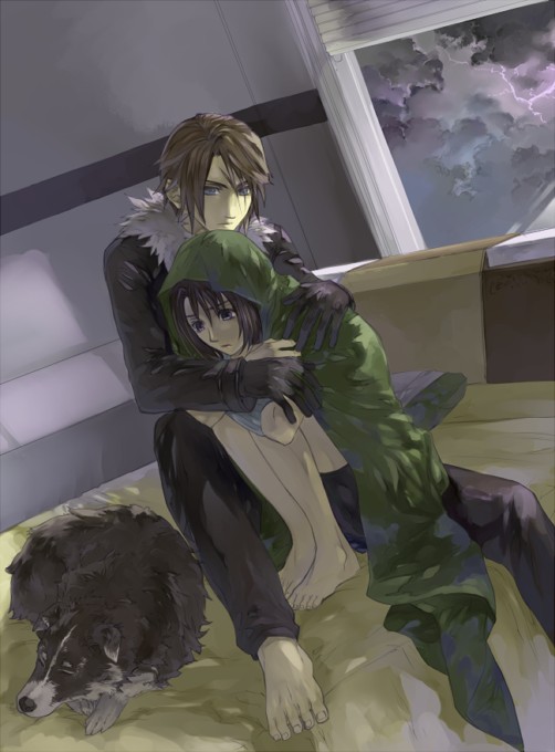 1boy, 1girl, angelo_(ff8), arm_warmers, artist_request, bed, black_gloves, black_hair, black_jacket, blanket, brown_hair, clouds, dress, final_fantasy, final_fantasy_viii, gloves, jacket, long_hair, pillow, rinoa_heartilly, scar, shadow, short_hair, shutter_shades, sleeveless_duster, squall_leonhart, window