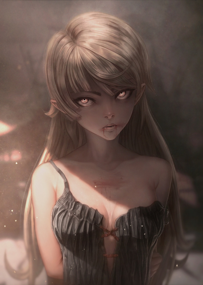 1girl, arms_behind_back, bakemonogatari, bangs, black_dress, blonde_hair, blood, blood_on_face
