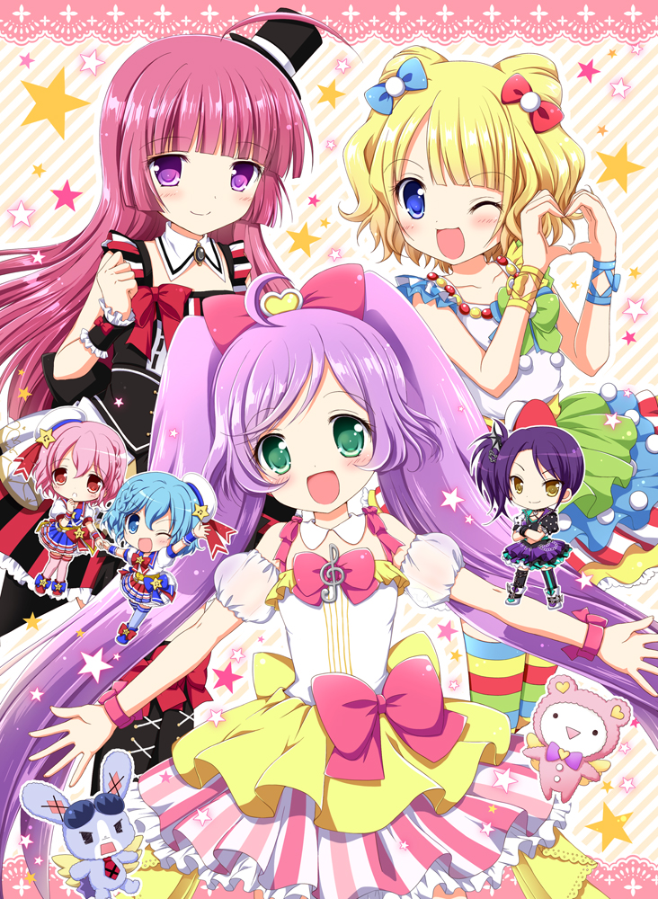 1boy, 5girls, :3, :d, ahoge, angry, bangs, bare_shoulders