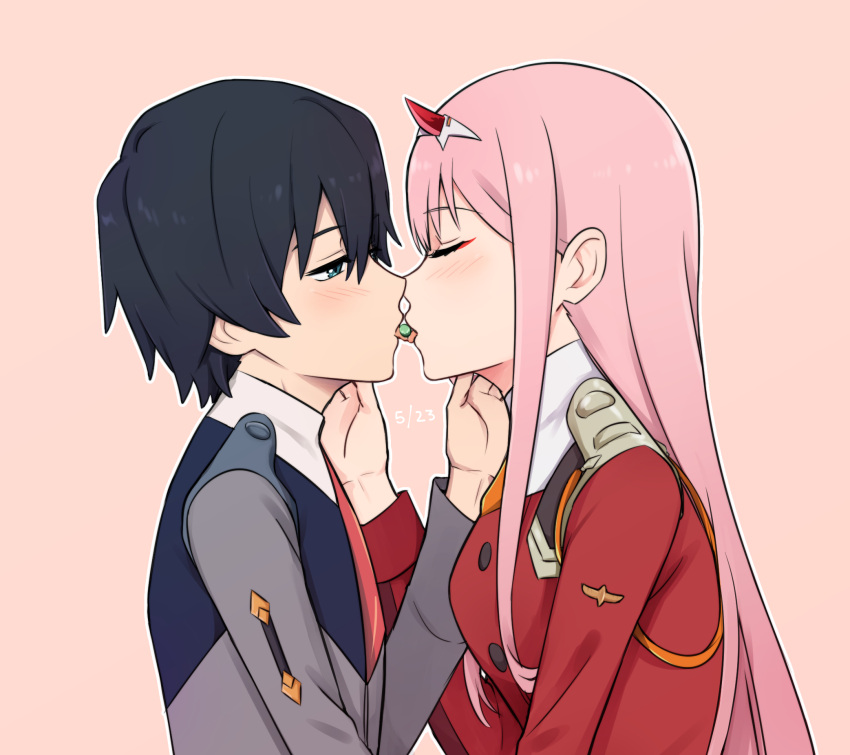 1boy, 1girl, bangs, black_hair, blue_eyes, blush, candy, closed_eyes