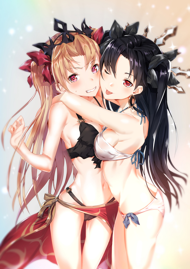 2girls, bikini, black_bikini, black_hair, board_game, ereshkigal_(fate/grand_order), fate/grand_order, fate_(series), go, ishtar_(fate/grand_order), ishtar_(puzzle_&amp;_dragons), looking_at_viewer, multiple_girls, orange_hair, red_eyes, sahara386, summer, swimsuit, tohsaka_rin, white_bikini