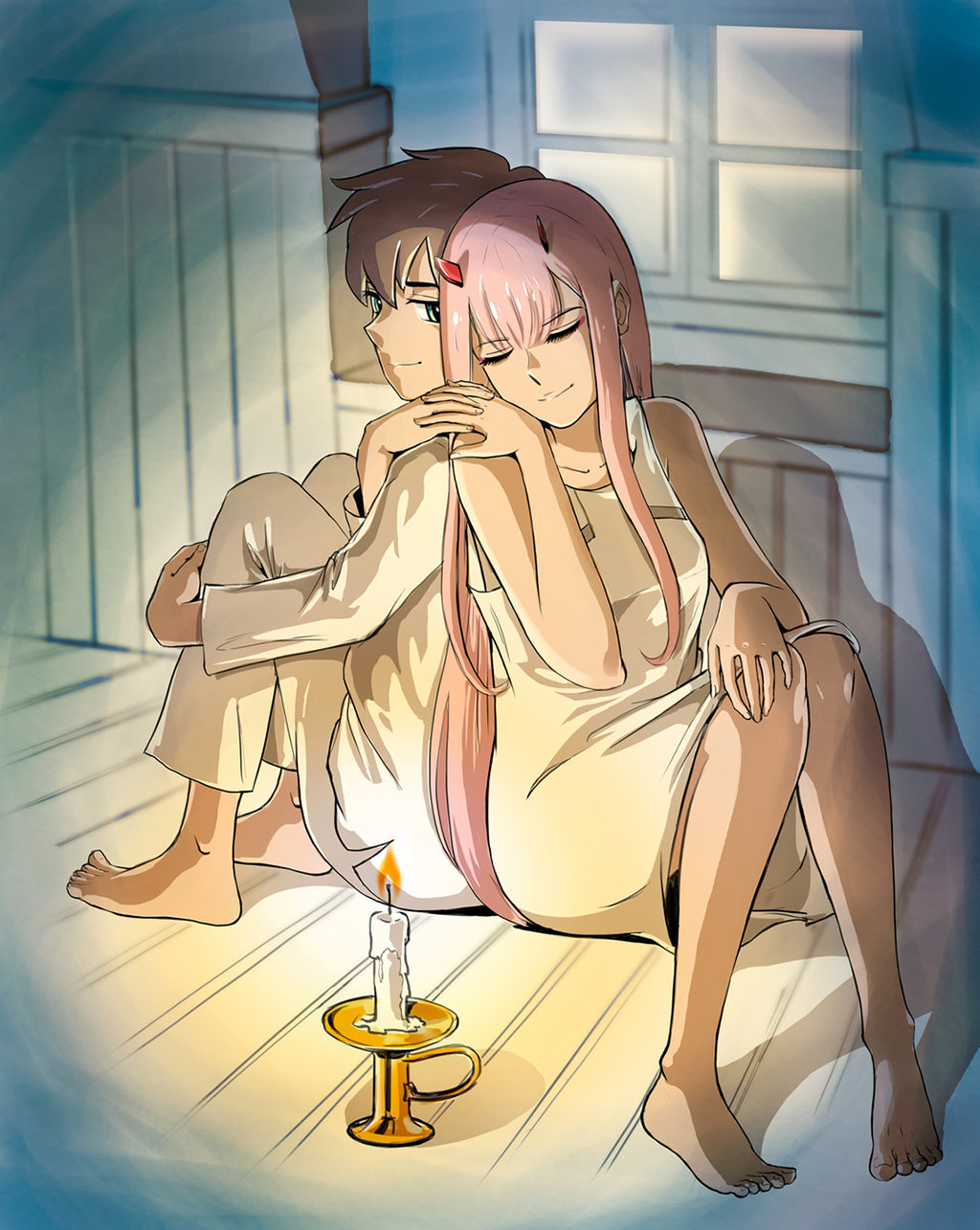 1boy, 1girl, albyeee, back-to-back, bangs, barefoot, black_hair, blue_eyes, candle, candlestand, closed_eyes, collarbone, commentary, couple, darling_in_the_franxx, fingernails, fringe, hand_holding, hand_on_own_knee, hetero, highres, hiro_(darling_in_the_franxx), horns, leg_hug, long_hair, looking_back, nightgown, oni_horns, pajamas, pink_hair, red_horns, short_hair, sitting, sleeveless, white_pajamas, zero_two_(darling_in_the_franxx)