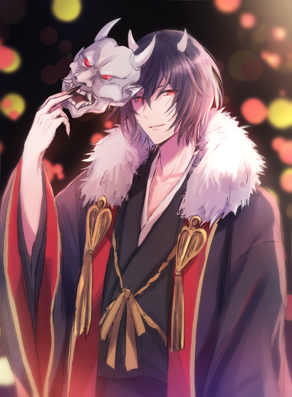 1boy, black_background, black_hair, black_nails, fur_trim, horns, kakuriyo_no_yadomeshi, looking_at_viewer