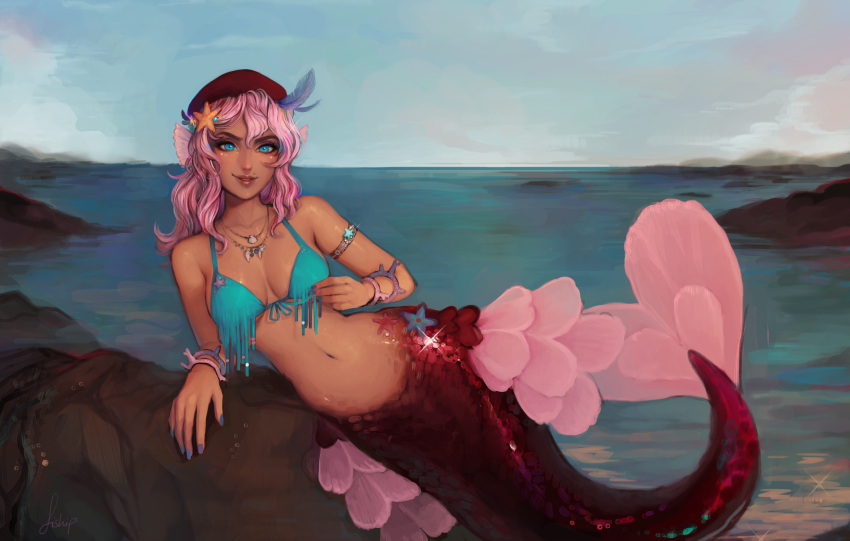 1girl, absurdres, armlet, bare_shoulders, bikini_top, blue_bikini_top, blue_eyes, blue_nails, bracelet, breasts, commentary, detached_sleeves, english_commentary, feathers, full_body, hair_feathers, hair_ornament, hat, head_fins, highres, jewelry, long_hair, looking_at_viewer, matilda_vin, medium_breasts, mermaid, merrow, mole_over_mouth, monster_girl, monster_girl_encyclopedia, nail_polish, navel, necklace, ocean, outdoors, parted_lips, pink_hair, rock, shell_necklace, signature, smile, solo, starfish_hair_ornament, water