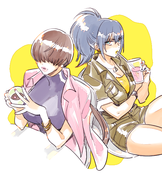 2girls, blue_eyes, blue_hair, bracelet, breasts, brown_hair, coffee, coffee_mug