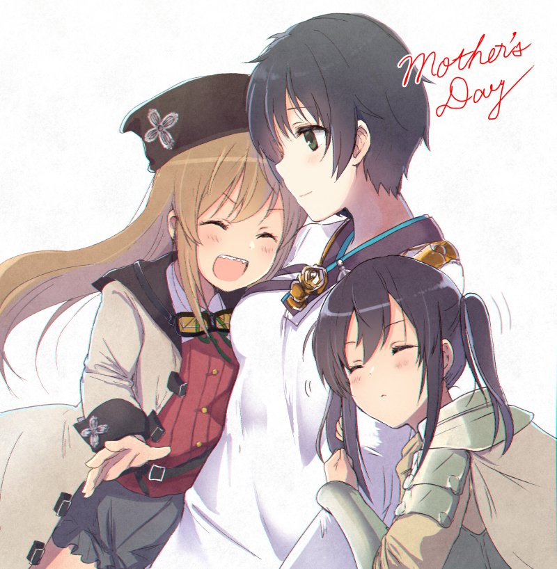 3girls, arm_hug, black_hair, black_skirt, brown_hair, cape, closed_eyes, coat