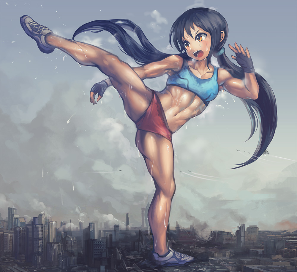 1girl, abs, breasts, building, buruma, city, clouds, dripping