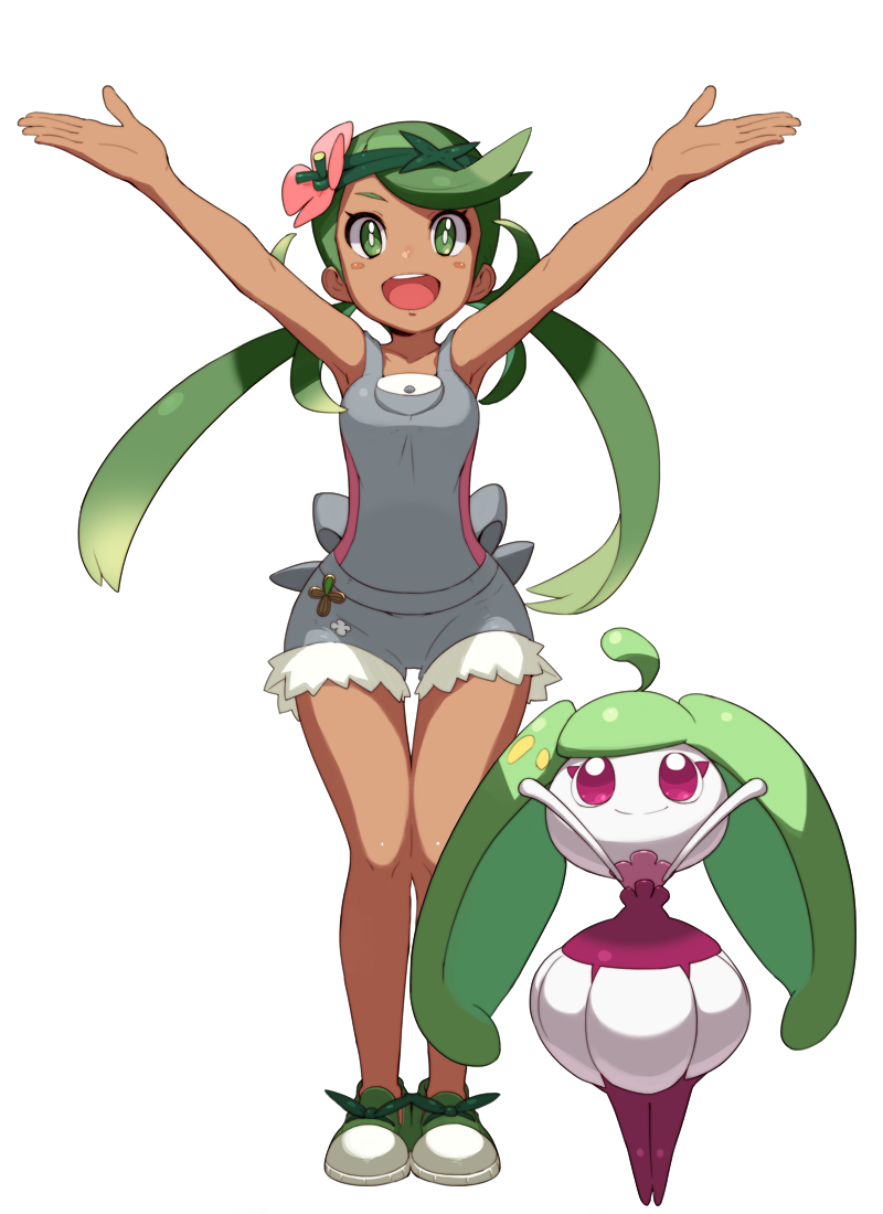 dress, flower, green_eyes, green_hair, grey_dress, hair_flower, hair_ornament, hairband, hands_up, mallow_(pokemon), overalls, pokemon, pokemon_(game), pokemon_sm, shorts, tonami_kanji, twintails