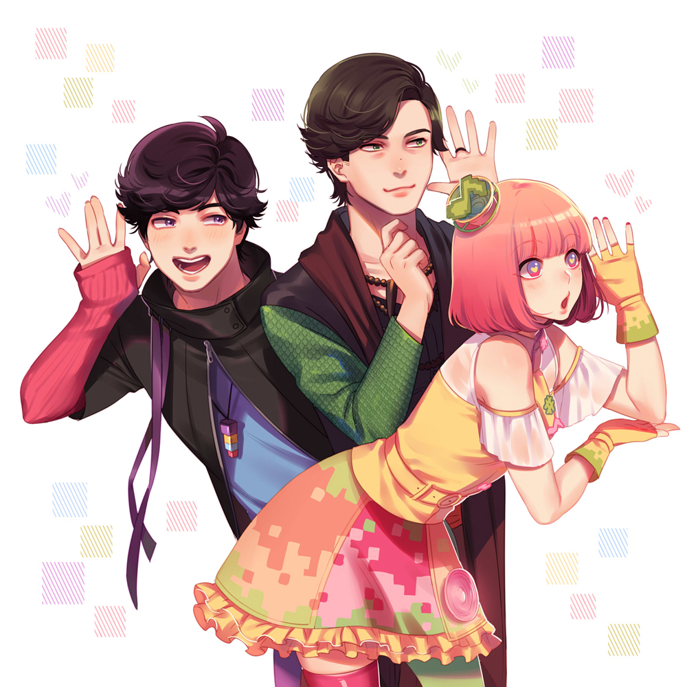 1girl, 2boys, bangs, bead_necklace, beads, bent_over, brown_hair, fingerless_gloves