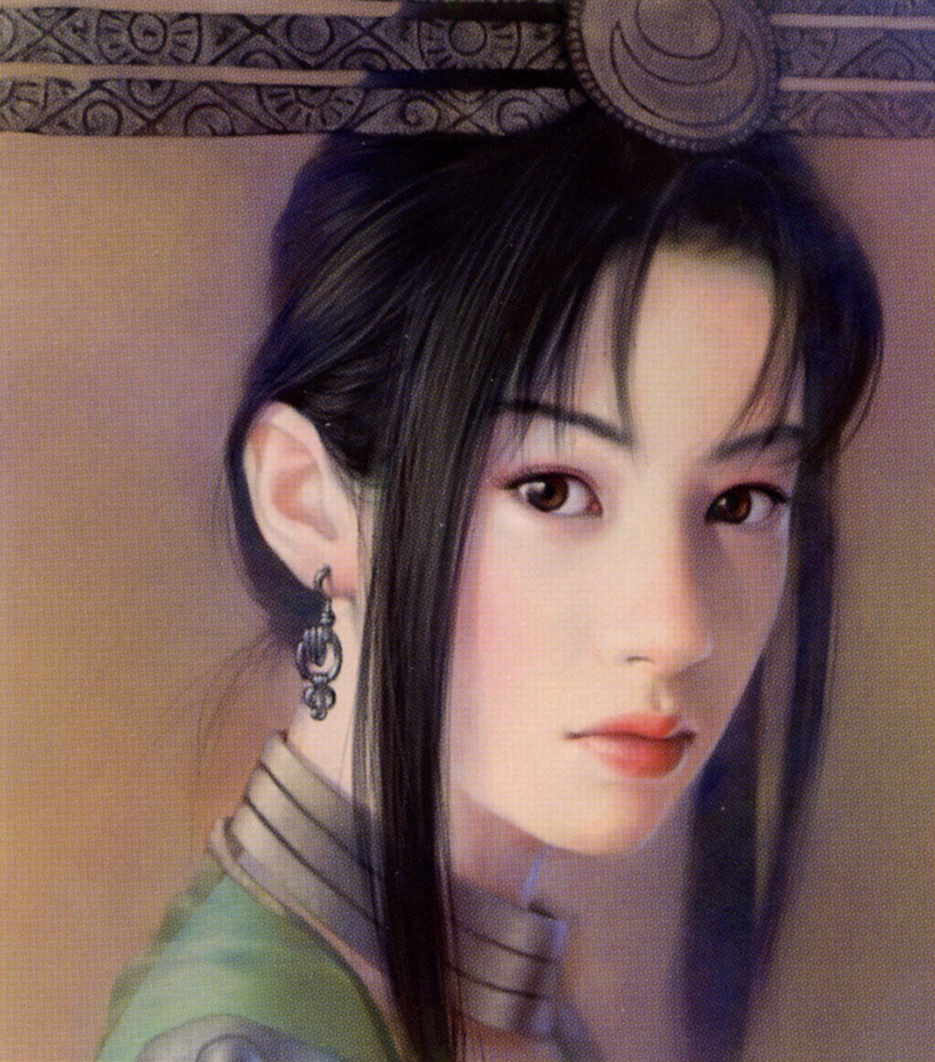 brown_eyes, chen_shu_fen, earrings, hair_ornament, highres, jewelry, realistic, scan