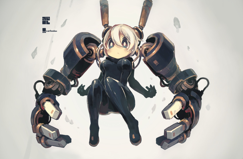 1girl, :<, absurdres, black_bodysuit, black_eyes, bodysuit, breasts, cable