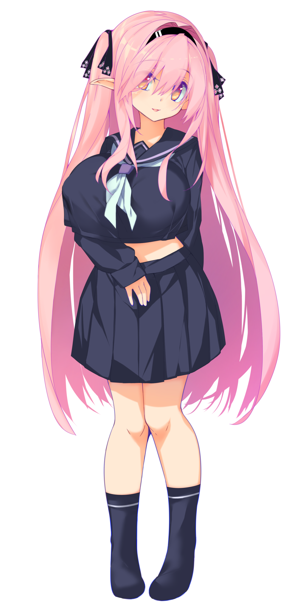 1girl, breasts, denpaken_pochi, elf, headband, highres, huge_breasts, long_hair, long_sleeves, looking_at_viewer, midriff, orange_eyes, original, pink_hair, pleated_skirt, pointy_ears, school_uniform, serafuku, skirt, socks, solo, twintails, very_long_hair