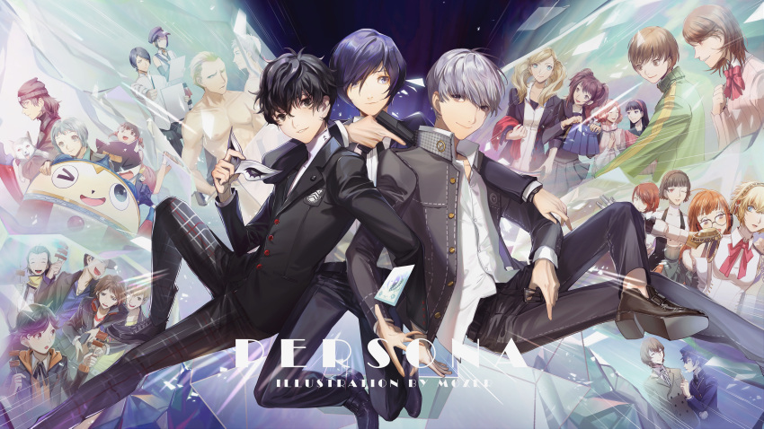 >_<, 6+boys, 6+girls, absurdres, aegis_(persona), akechi_gorou, amada_ken, amagi_yukiko, amamiya_ren, android, aragaki_shinjirou, dog, doujima_nanako, drawing, everyone, evoker, hairband, hanamura_yousuke, hat, highres, iori_junpei, kirijou_mitsuru, kitagawa_yuusuke, koromaru, kujikawa_rise, kuma_(persona_4), locked_arms, looking_at_viewer, marie_(persona_4), mask, mochizuki_ryouji, morgana_(persona_5), mozer_(zerlinda), multiple_boys, multiple_girls, narukami_yuu, niijima_makoto, okumura_haru, open_collar, persona, persona_3, persona_4, persona_5, sakamoto_ryuuji, sakura_futaba, sanada_akihiko, satonaka_chie, scarf, school_uniform, shirtless, sitting, smile, takamaki_anne, takeba_yukari, tarot, tatsumi_kanji, twintails, yamagishi_fuuka, yuuki_makoto